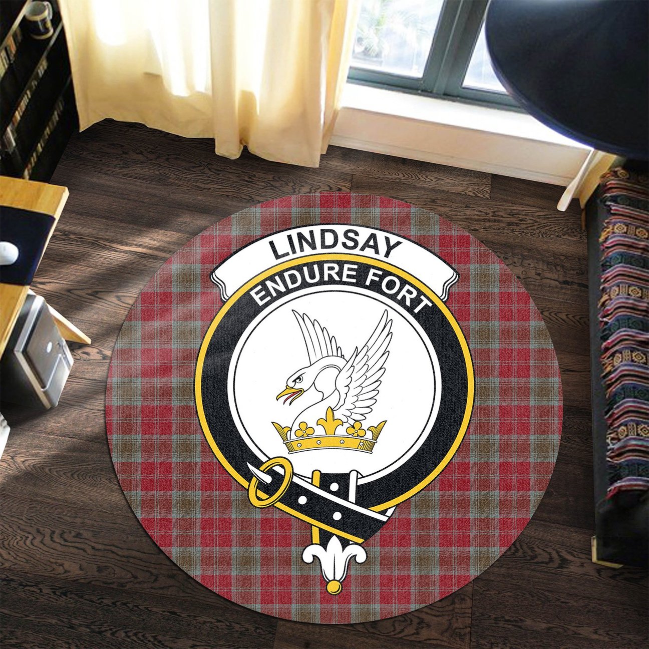 Lindsay Weathered Tartan Crest Round Rug