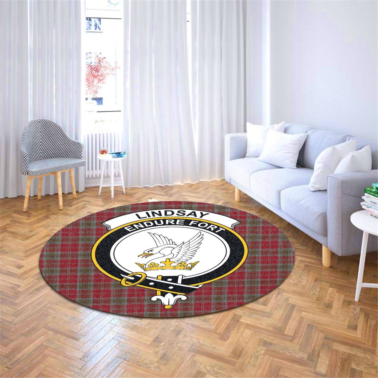 Lindsay Weathered Tartan Crest Round Rug