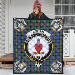 Logan Ancient Tartan Crest Premium Quilt - Gold Thistle Style