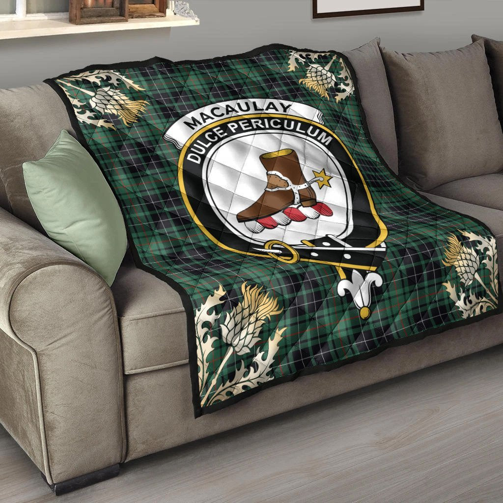 MacAulay Hunting Ancient Tartan Crest Premium Quilt - Gold Thistle Style