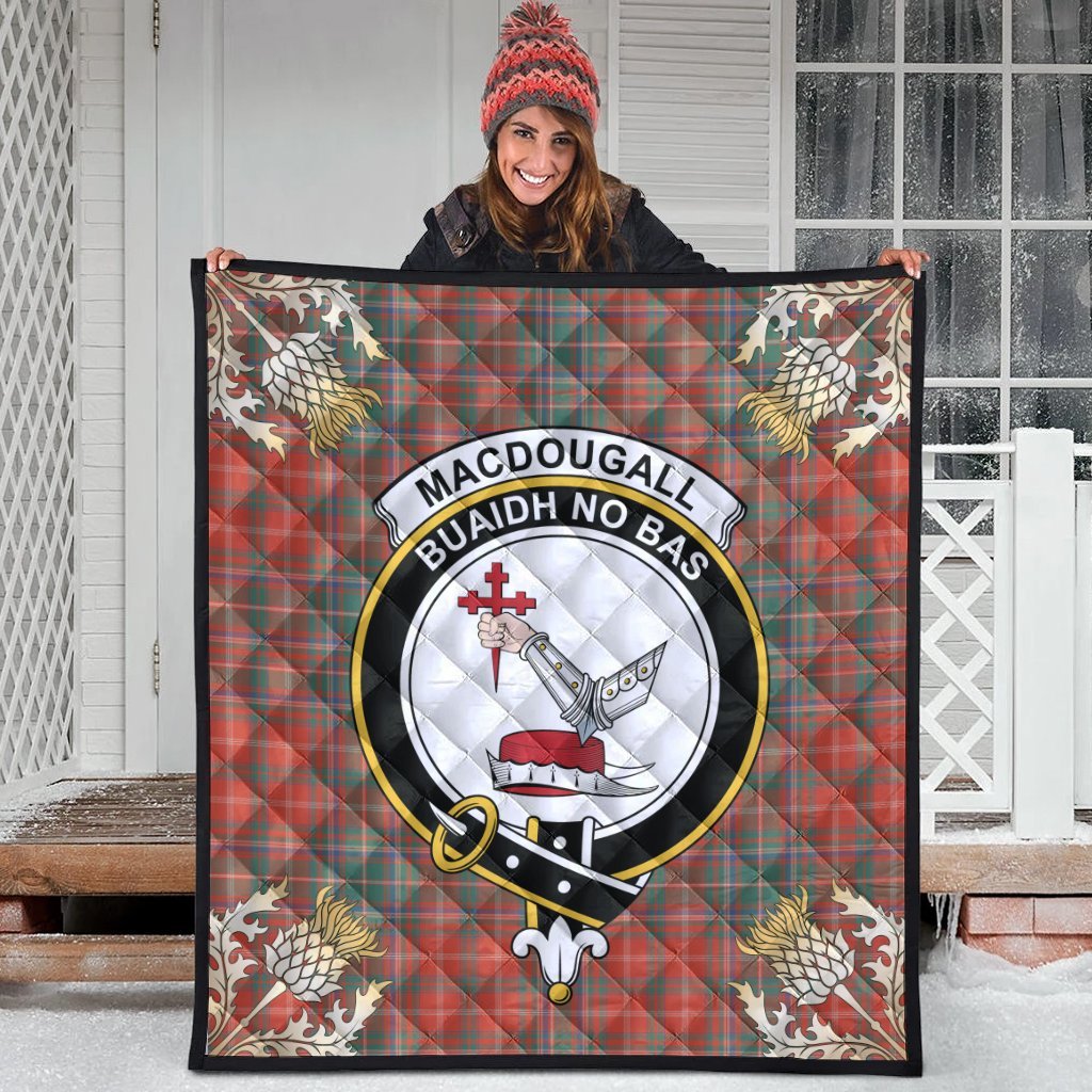 MacDougall Ancient Tartan Crest Premium Quilt - Gold Thistle Style