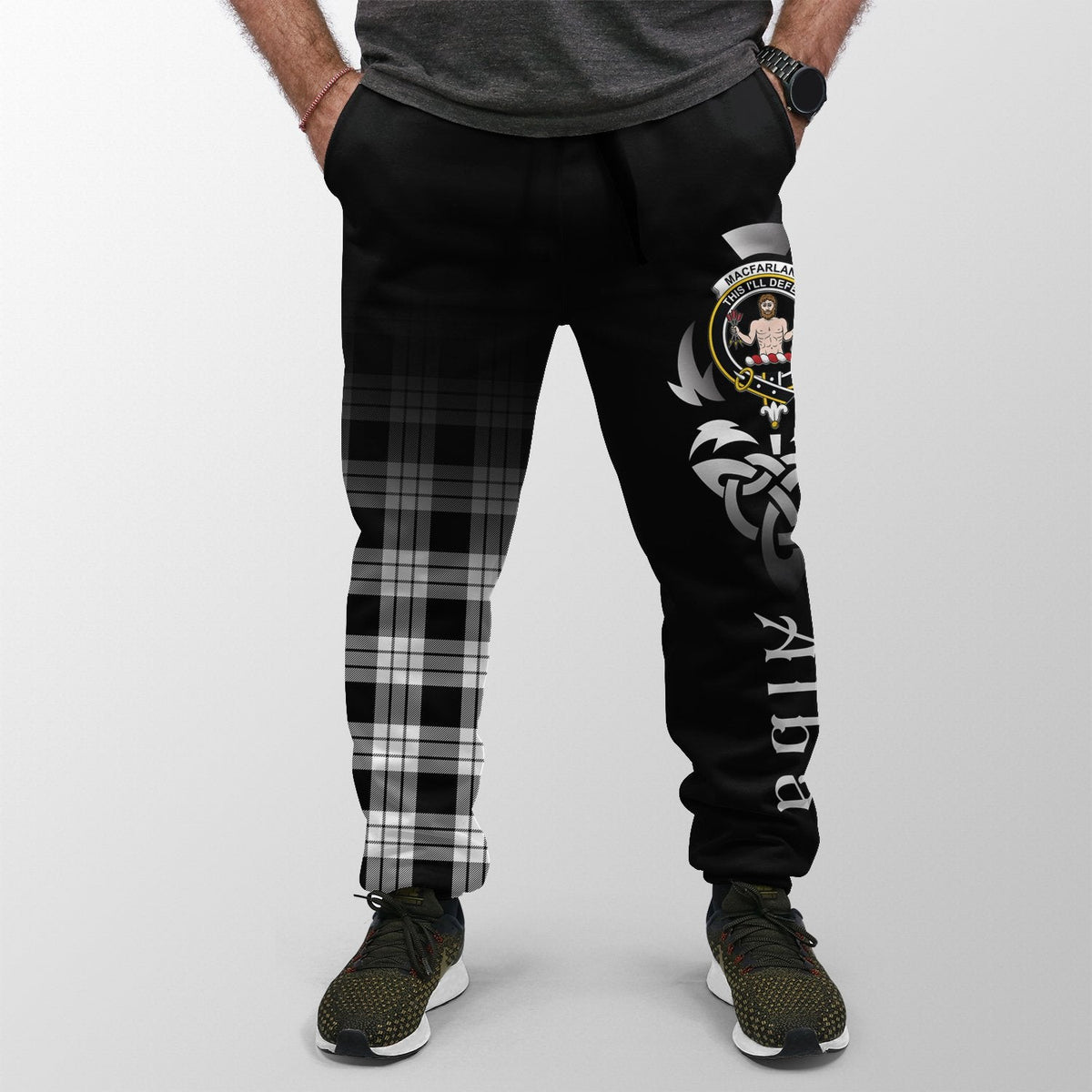 MacFarlane Black & White Tartan Crest Jogger Sweatpants - Alba Celtic Style