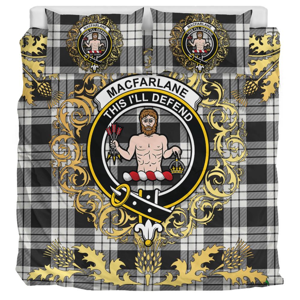 MacFarlane Black White Ancient Tartan Crest Bedding Set - Golden Thistle Style