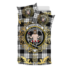 MacFarlane Black White Tartan Crest Bedding Set - Golden Thistle Style