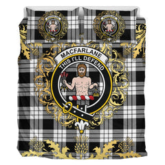 MacFarlane Black White Tartan Crest Bedding Set - Golden Thistle Style