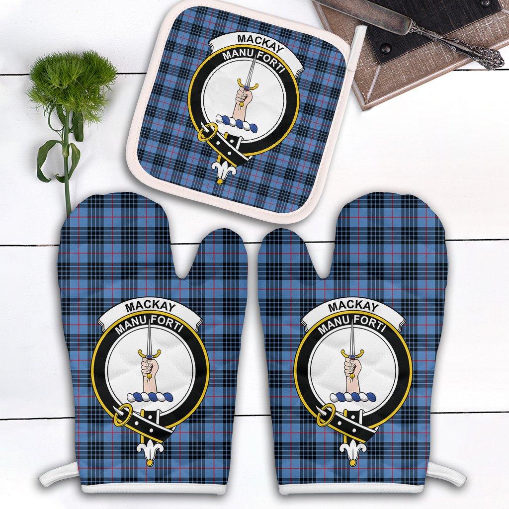 MacKay Blue Tartan Crest Oven Mitt And Pot Holder (2 Oven Mitts + 1 Pot Holder)