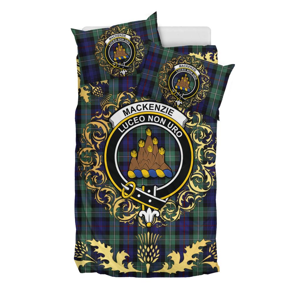 MacKenzie Hunting Green Tartan Crest Bedding Set - Golden Thistle Style