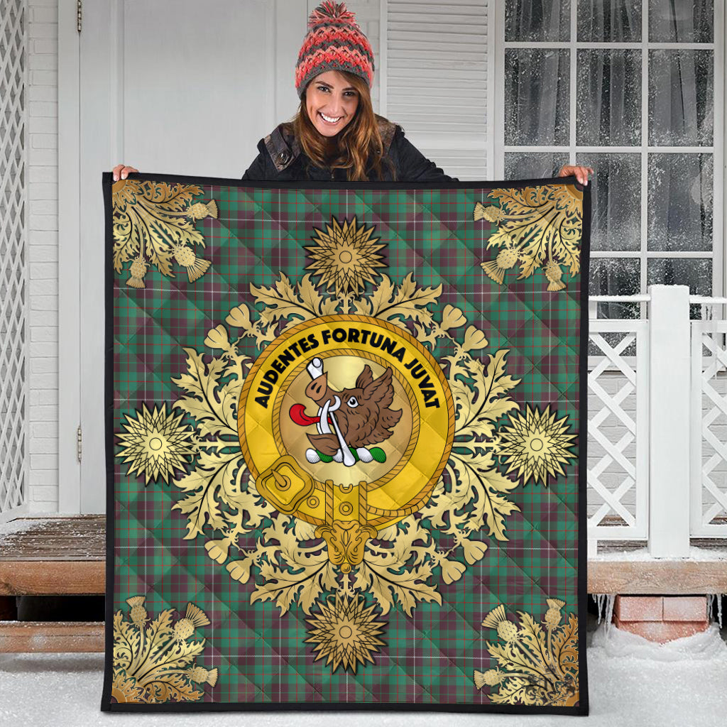 MacKinnon Hunting Ancient Tartan Crest Premium Quilt - Gold Thistle Style