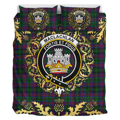 MacLachlan Hunting Tartan Crest Bedding Set - Golden Thistle Style