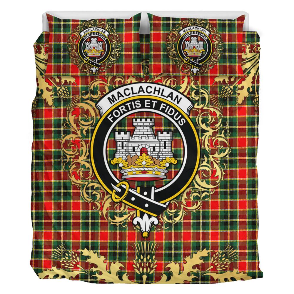 MacLachlan Hunting Modern Tartan Crest Bedding Set - Golden Thistle Style