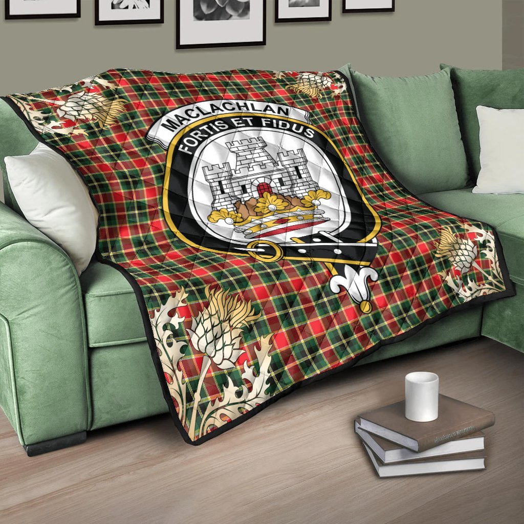 MacLachlan Hunting Modern Tartan Crest Premium Quilt - Gold Thistle Style