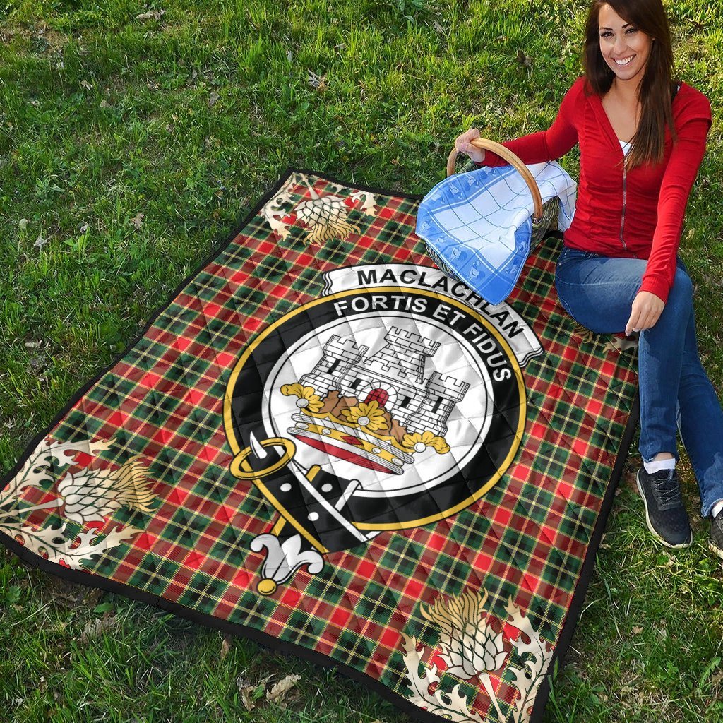 MacLachlan Hunting Modern Tartan Crest Premium Quilt - Gold Thistle Style