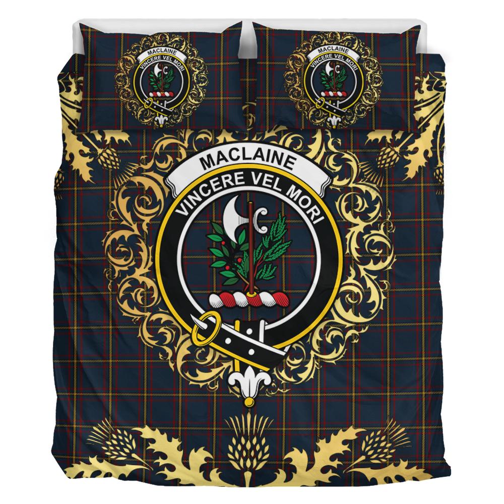 MacLaine of Lochbuie Hunting Tartan Crest Bedding Set - Golden Thistle Style