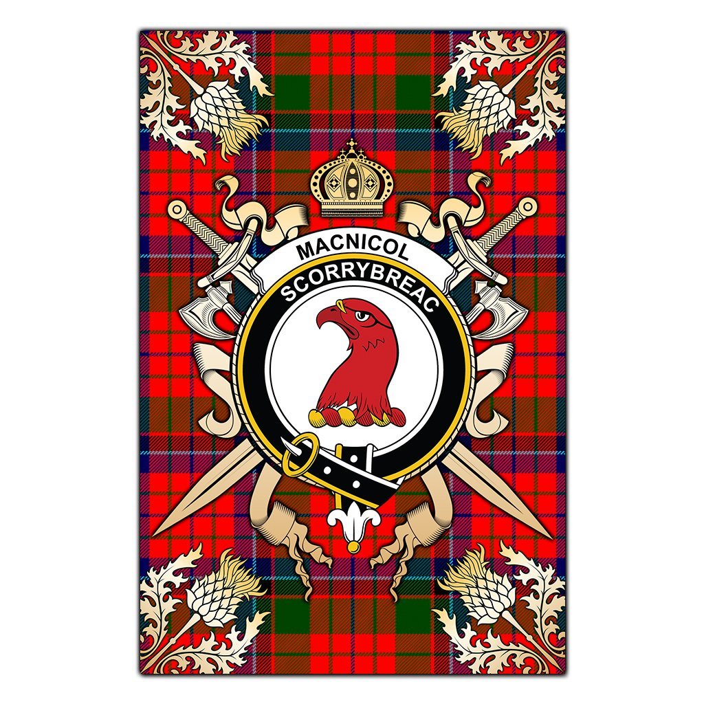 MacNicol of Scorrybreac Tartan Crest Black Garden Flag - Gold Thistle Style