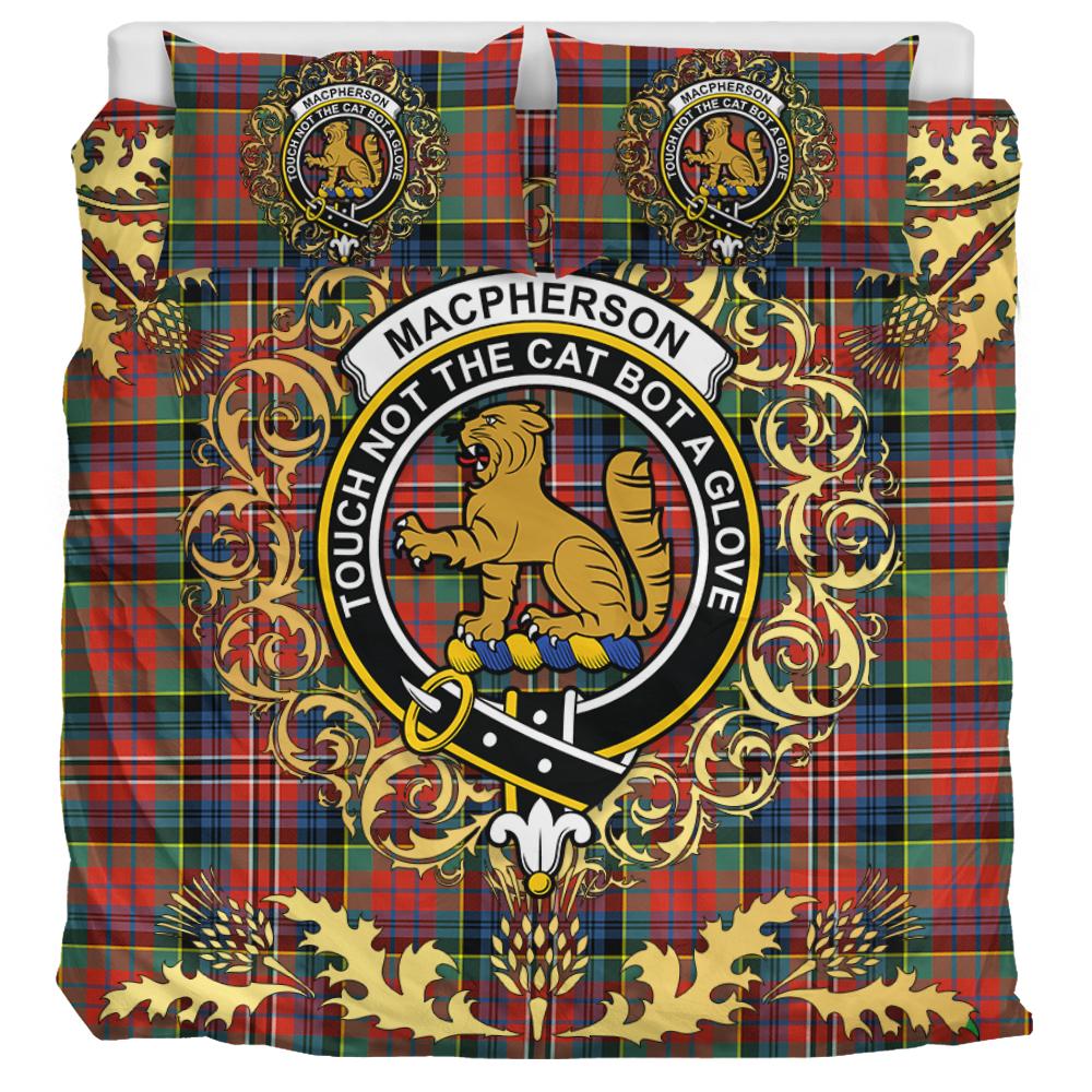 MacPherson Ancient Tartan Crest Bedding Set - Golden Thistle Style