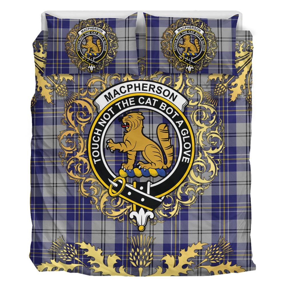 MacPherson Dress Blue Tartan Crest Bedding Set - Golden Thistle Style