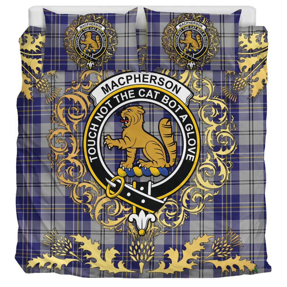 MacPherson Dress Blue Tartan Crest Bedding Set - Golden Thistle Style