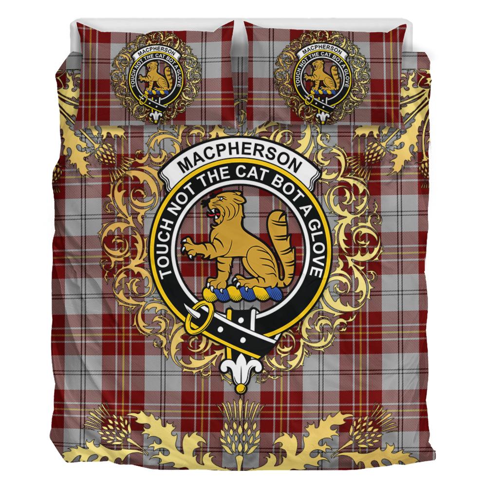 MacPherson Dress Burgundy Tartan Crest Bedding Set - Golden Thistle Style