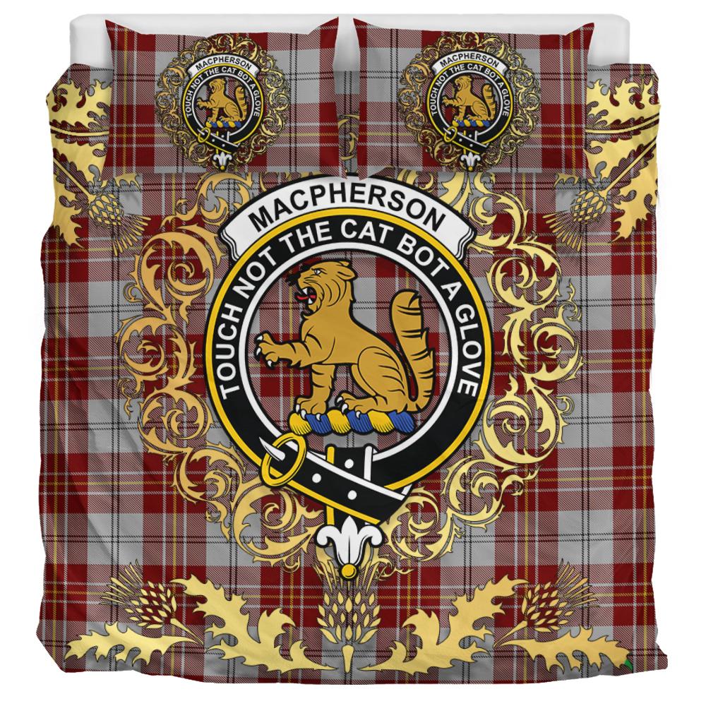 MacPherson Dress Burgundy Tartan Crest Bedding Set - Golden Thistle Style