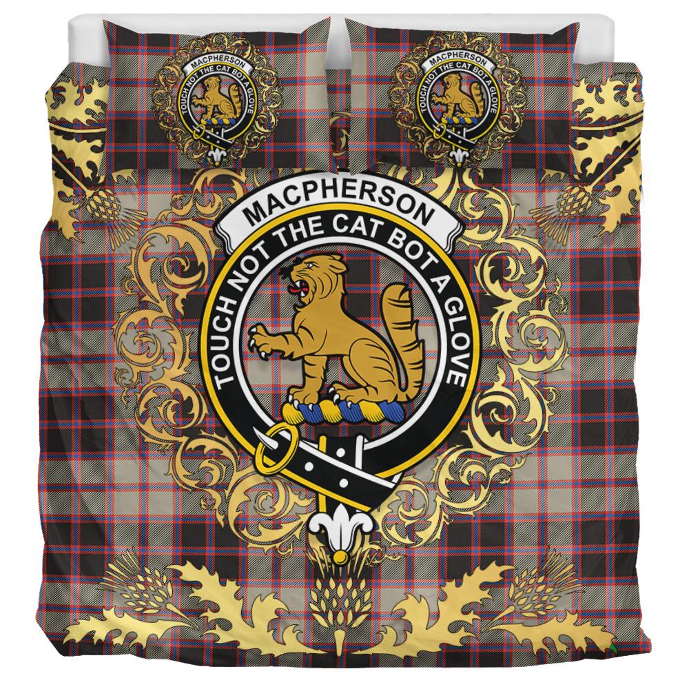 MacPherson Hunting Ancient Tartan Crest Bedding Set - Golden Thistle Style