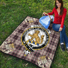 MacPherson Hunting Ancient Tartan Crest Premium Quilt - Gold Thistle Style
