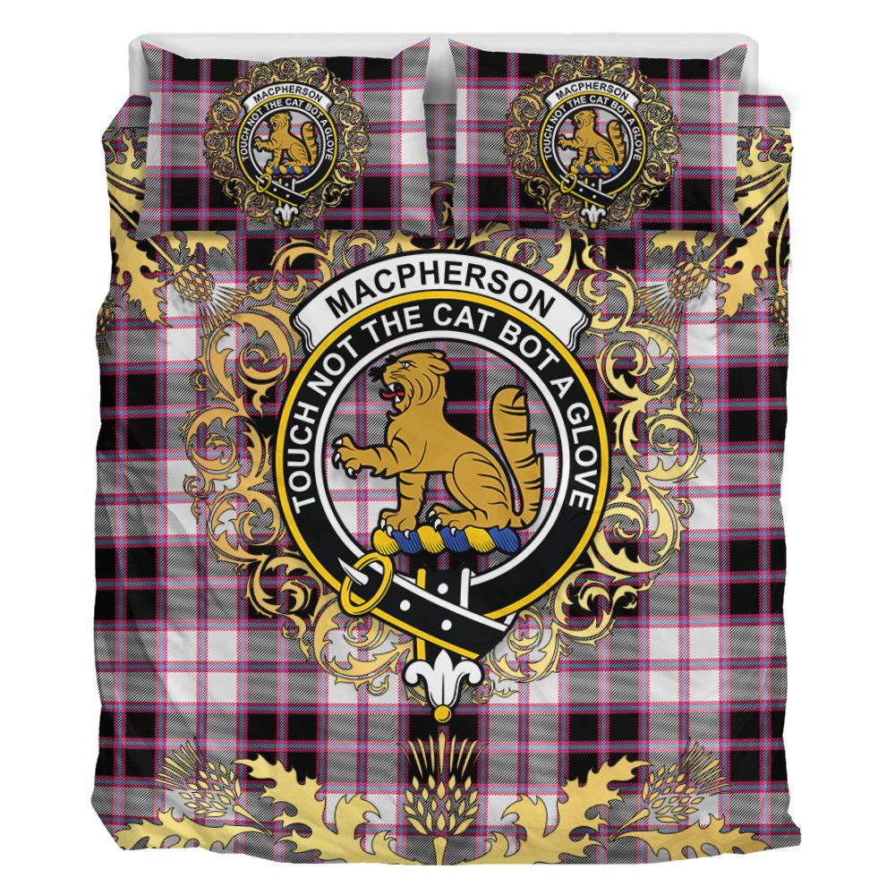MacPherson Hunting Modern Tartan Crest Bedding Set - Golden Thistle Style