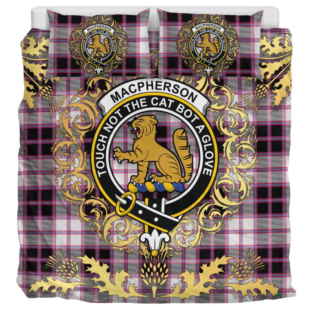 MacPherson Hunting Modern Tartan Crest Bedding Set - Golden Thistle Style