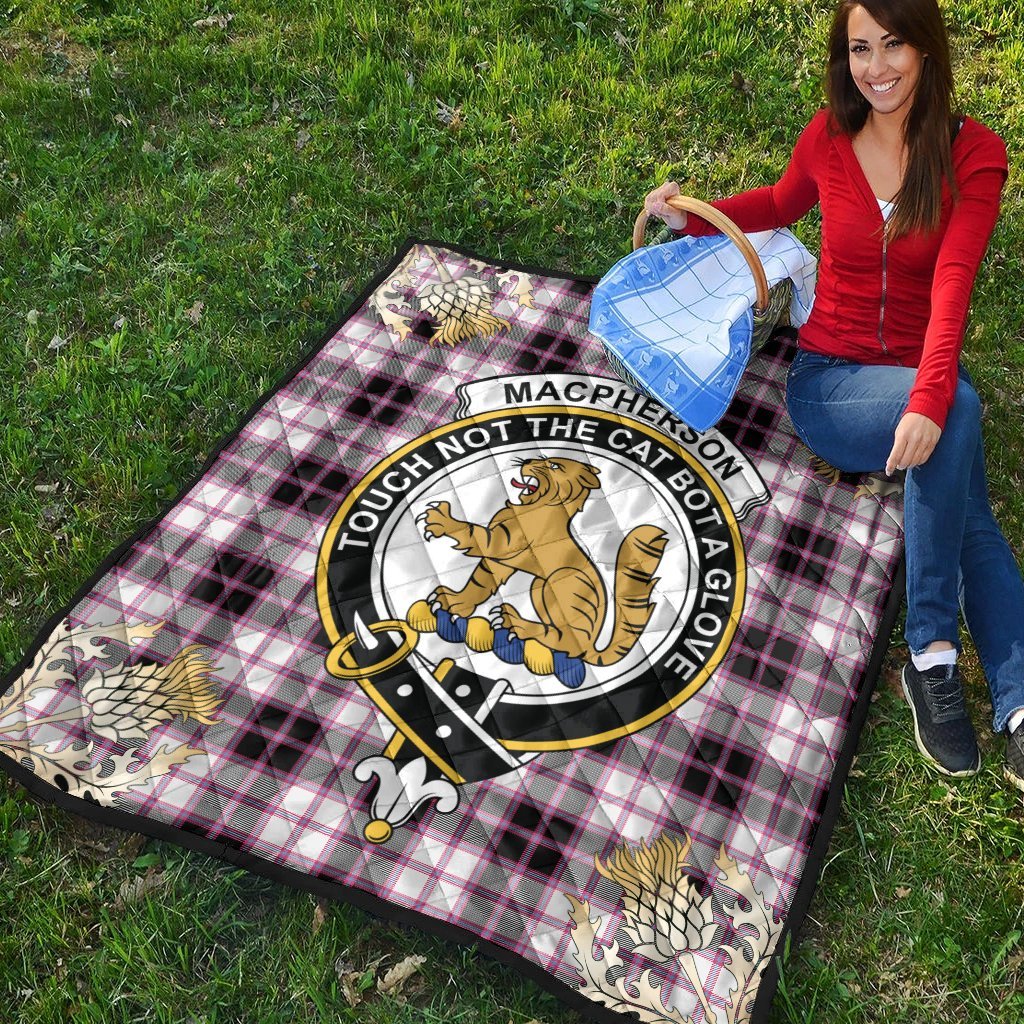 MacPherson Hunting Modern Tartan Crest Premium Quilt - Gold Thistle Style