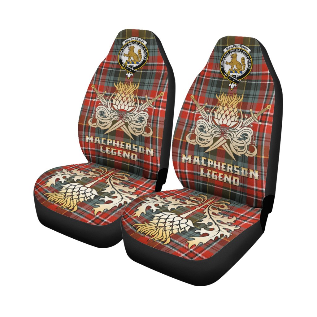 MacPherson Weathered Tartan Crest Car Seat Cover - Gold Thistle Courage Symbol Style