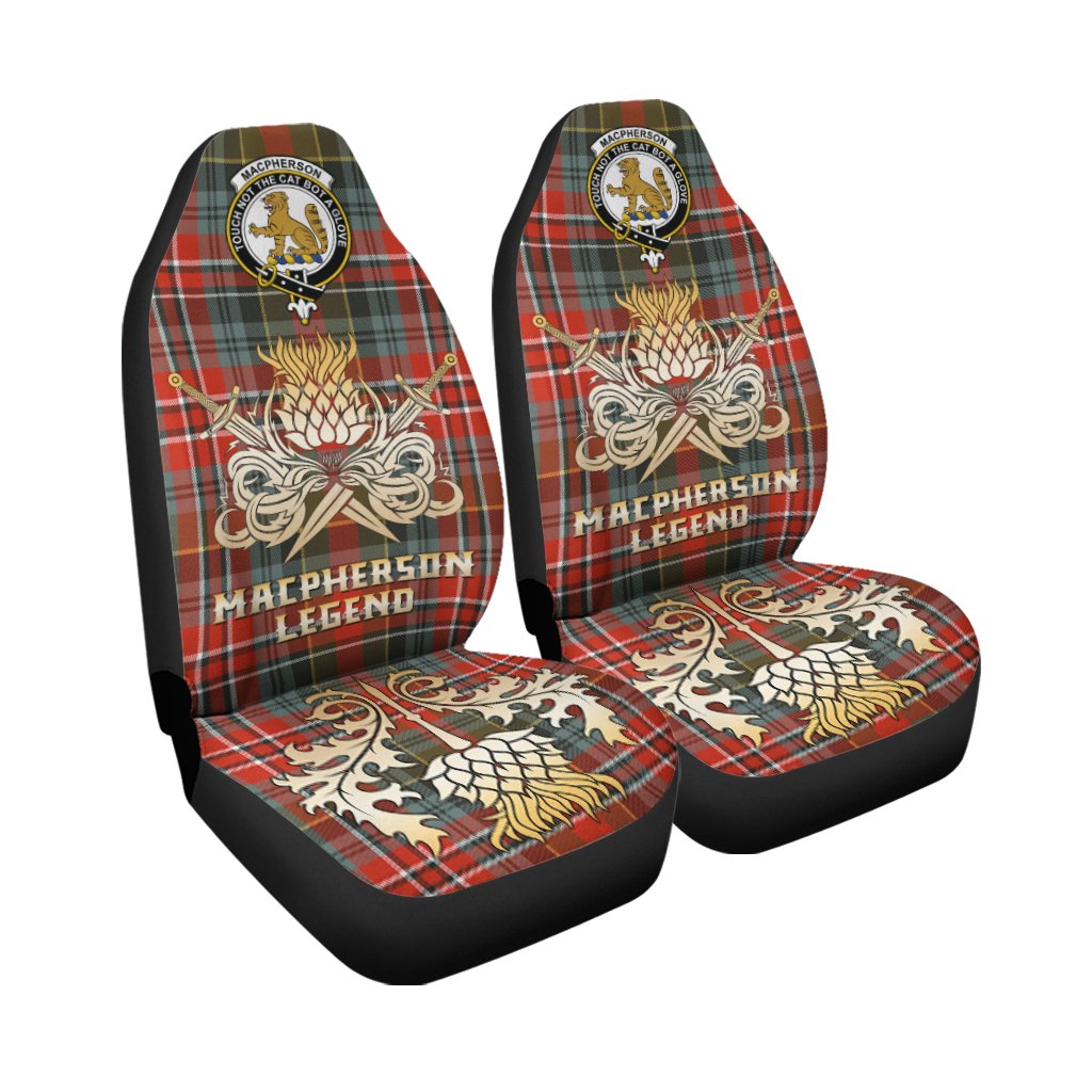 MacPherson Weathered Tartan Crest Car Seat Cover - Gold Thistle Courage Symbol Style