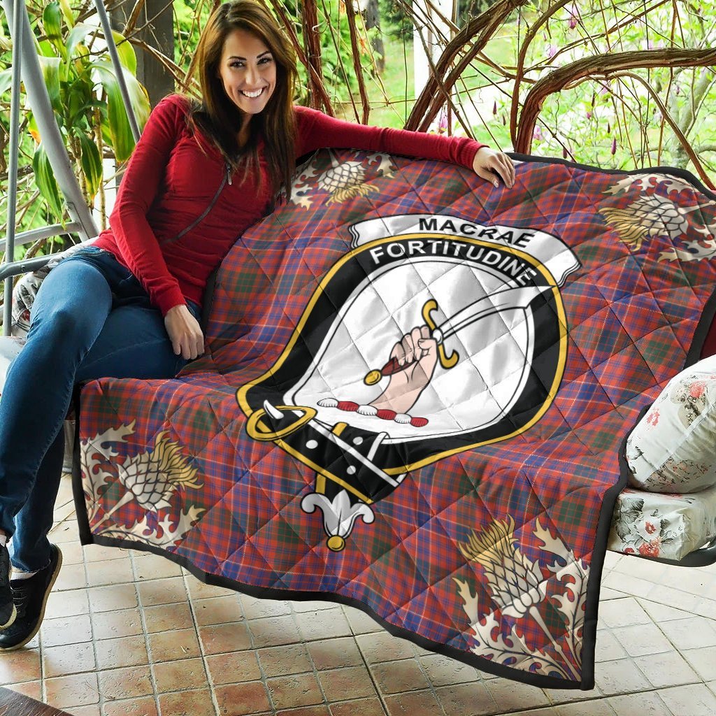 MacRae Ancient Tartan Crest Premium Quilt - Gold Thistle Style