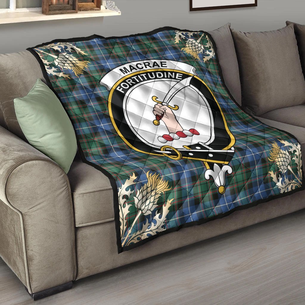 MacRae Hunting Ancient Tartan Crest Premium Quilt - Gold Thistle Style