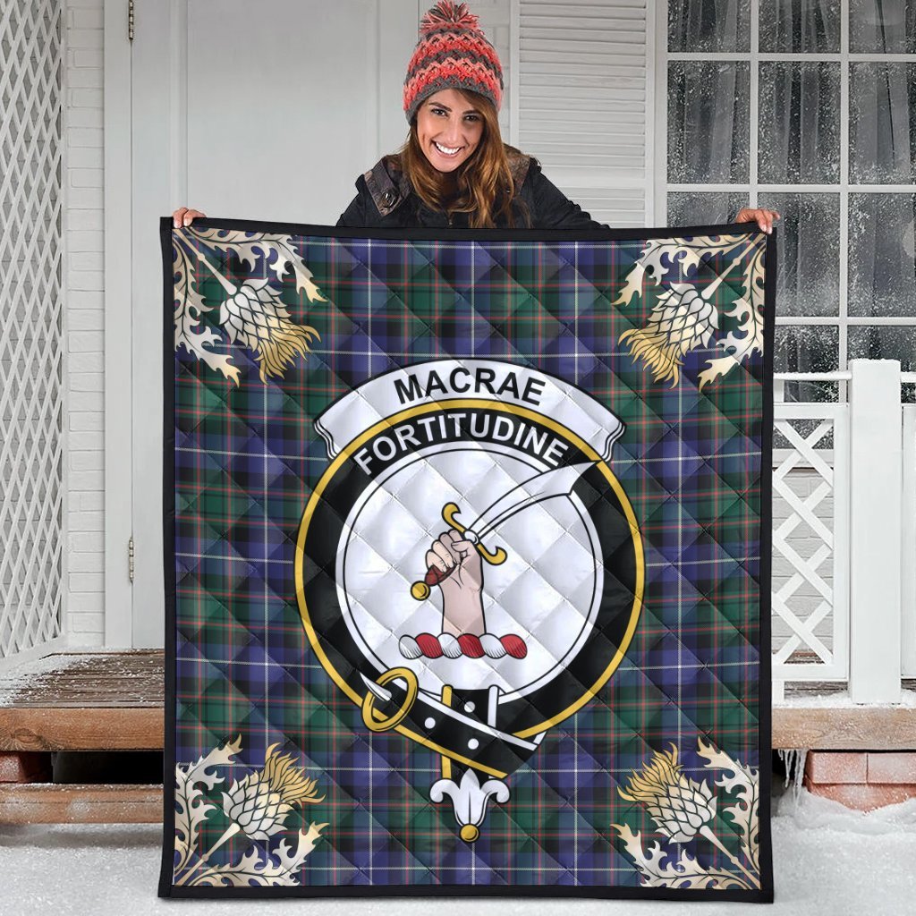 MacRae Hunting Modern Tartan Crest Premium Quilt - Gold Thistle Style