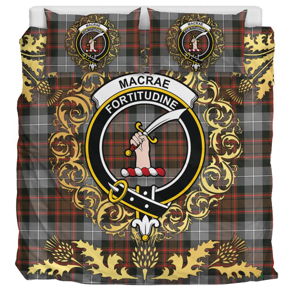 MacRae Hunting Weathered Tartan Crest Bedding Set - Golden Thistle Style