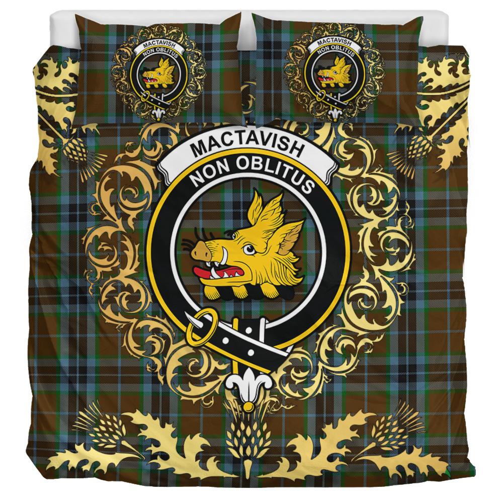 MacTavish Hunting Tartan Crest Bedding Set - Golden Thistle Style