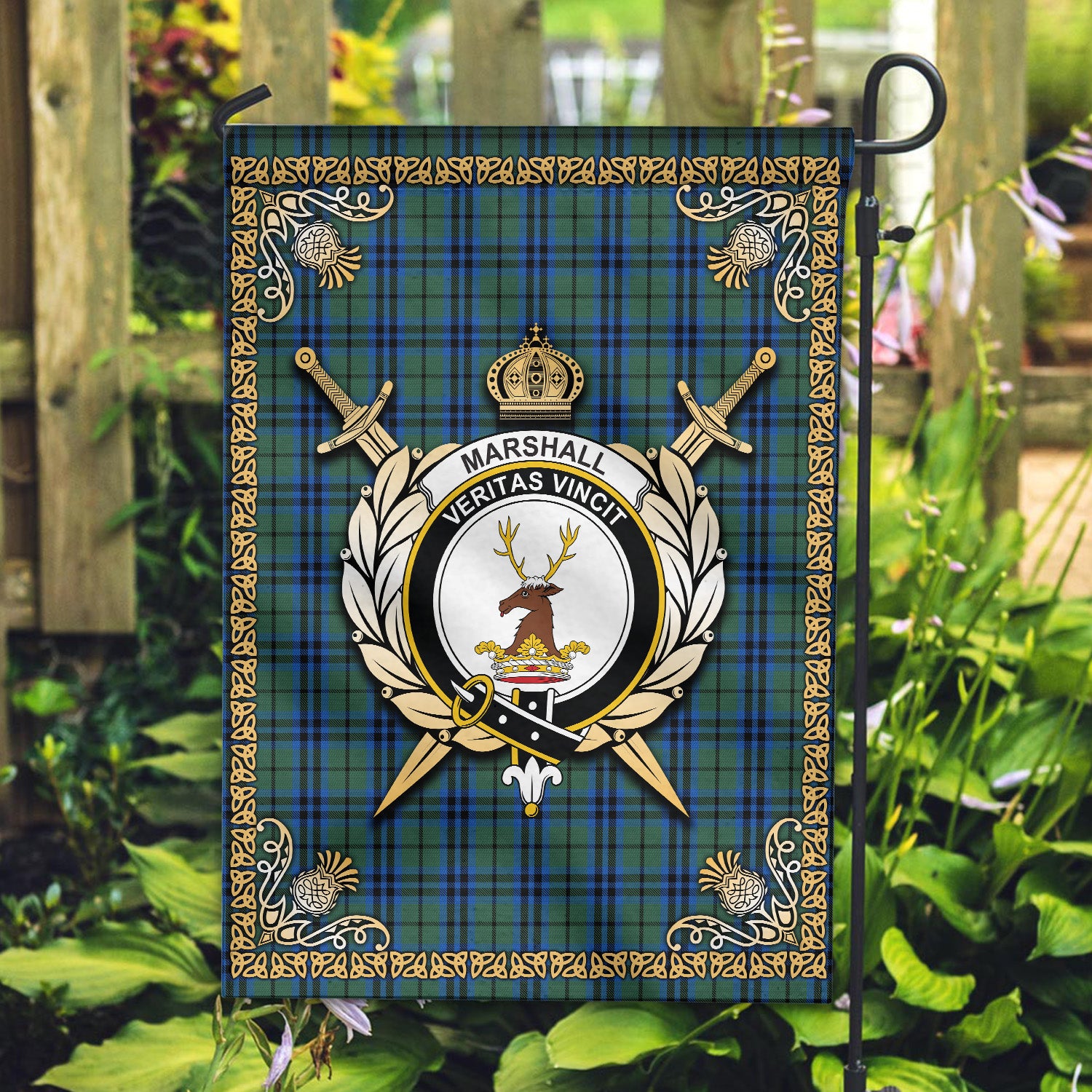 Marshall Tartan Crest Garden Flag - Celtic Thistle Style