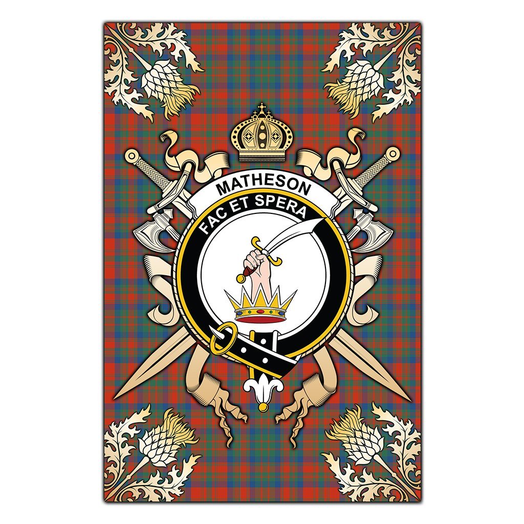Matheson Ancient Tartan Crest Black Garden Flag - Gold Thistle Style