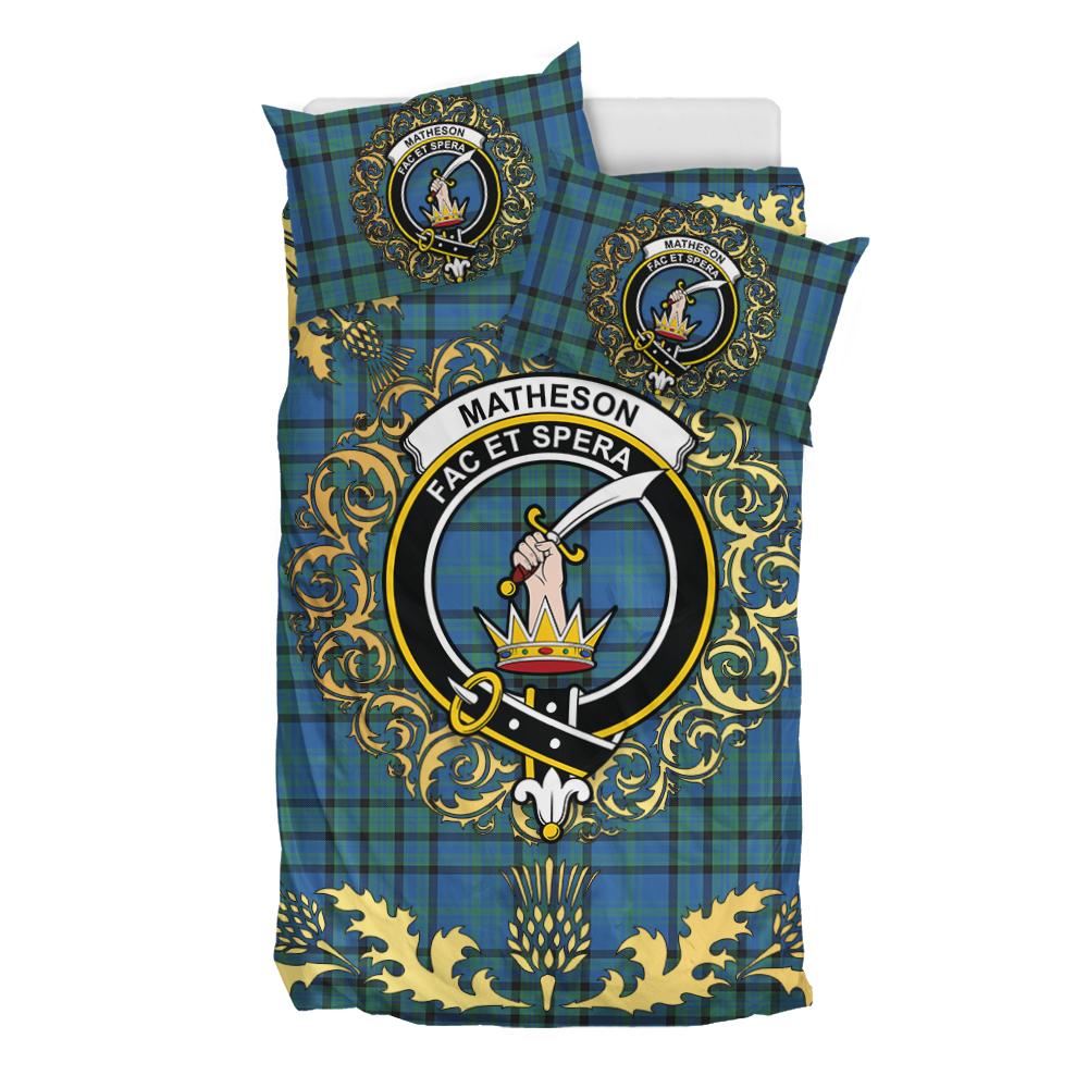 Matheson Hunting Ancient Tartan Crest Bedding Set - Golden Thistle Style
