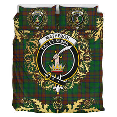 Matheson Hunting Highland Tartan Crest Bedding Set - Golden Thistle Style