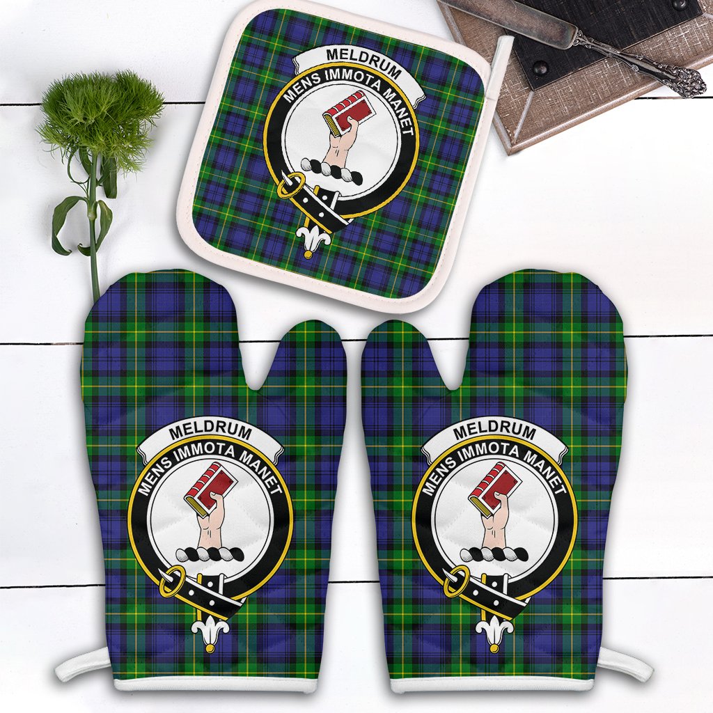 Meldrum Tartan Crest Oven Mitt And Pot Holder (2 Oven Mitts + 1 Pot Holder)