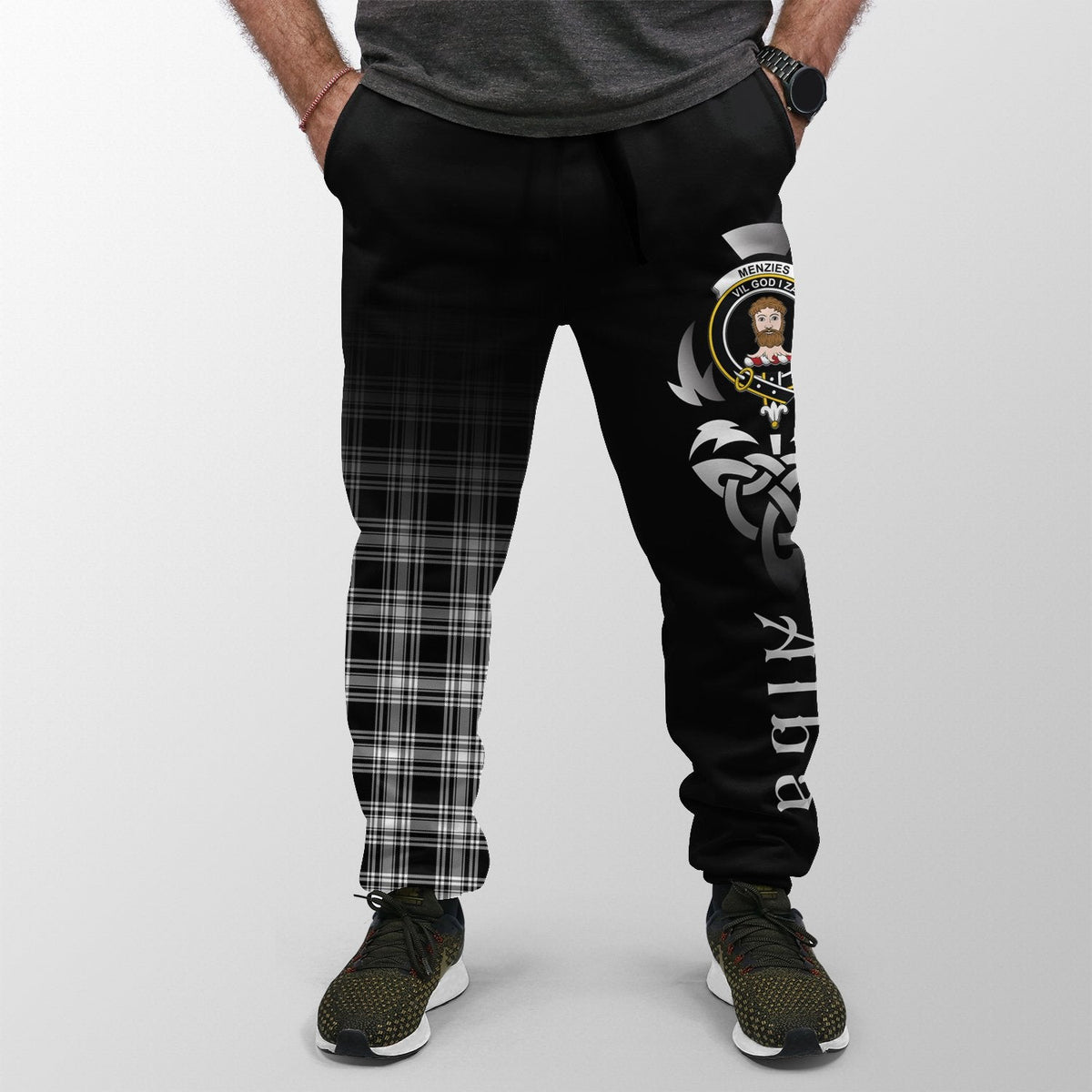 Menzies Black & White Modern Tartan Crest Jogger Sweatpants - Alba Celtic Style