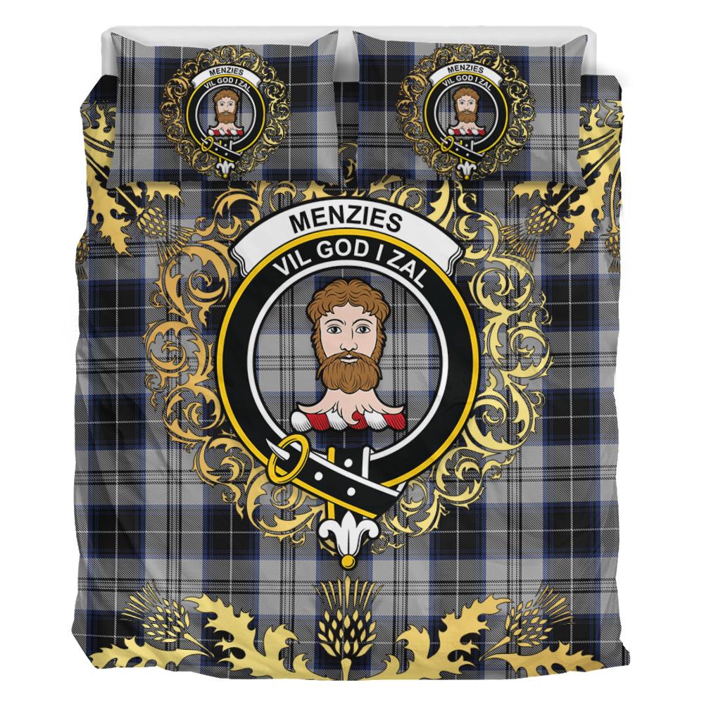 Menzies Black Dress Tartan Crest Bedding Set - Golden Thistle Style