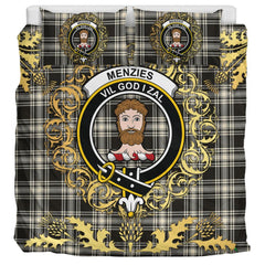 Menzies Black and White Ancient Tartan Crest Bedding Set - Golden Thistle Style