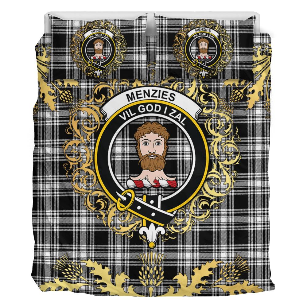 Menzies Black and White Modern Tartan Crest Bedding Set - Golden Thistle Style