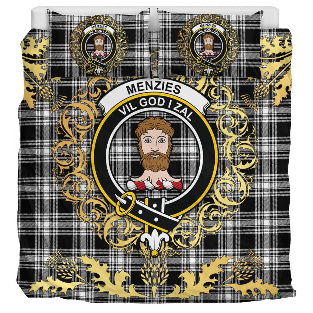 Menzies Black and White Modern Tartan Crest Bedding Set - Golden Thistle Style