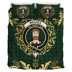 Menzies Green Tartan Crest Bedding Set - Golden Thistle Style
