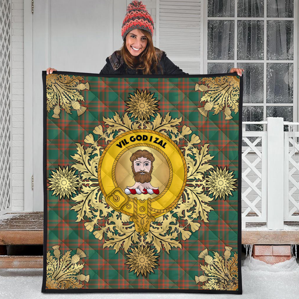 Menzies Green Ancient Tartan Crest Premium Quilt - Gold Thistle Style