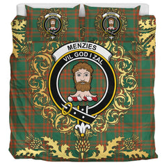 Menzies Green Ancient Tartan Crest Bedding Set - Golden Thistle Style