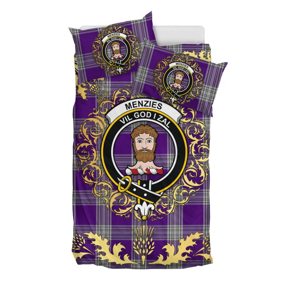 Menzies Mauve and White Tartan Crest Bedding Set - Golden Thistle Style