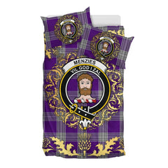Menzies Mauve and White Tartan Crest Bedding Set - Golden Thistle Style
